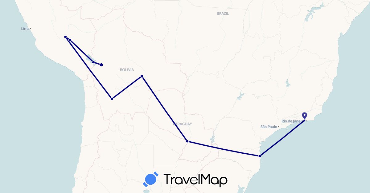 TravelMap itinerary: driving in Bolivia, Brazil, Peru, Paraguay (South America)
